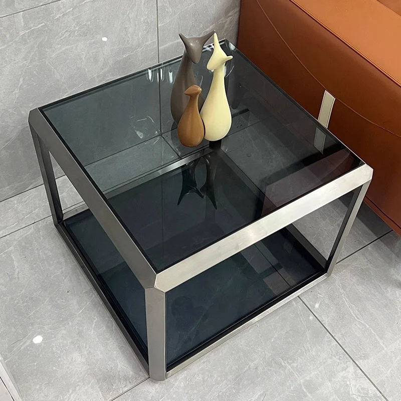 Contemporary Scandinavian Sintered Stone Glass Stainless Steel Square Coffee Table 2-Tier For Living Room
