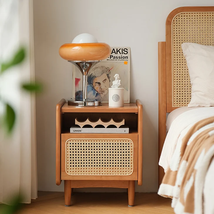 Traditional Chinese Rattan Solid Wood Openwork Nightstand With Drawer For Bedroom