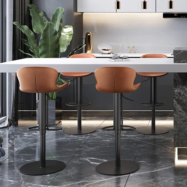 Contemporary Nordic Crazy Horse Leather Stainless Steel Carbon Steel Swivel Bar Stool With Backrest For Living Room