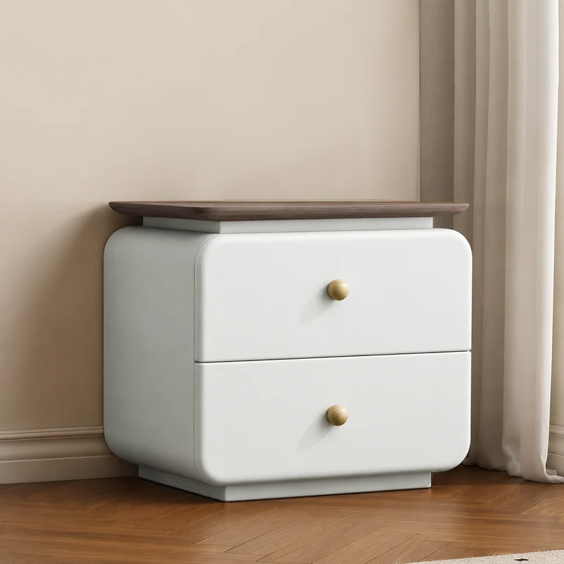 Traditional French Cat-Scratch-Resistant Leather High-Density Fiberboard Pine Wood Rounded Square Bedside Table Nightstand With 2 Drawers For Bedroom