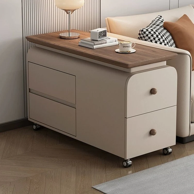 Contemporary Scandinavian Cat-Scratch-Resistant Leather Pine Wood Rounded Side Table With 4 Drawers For Living Room