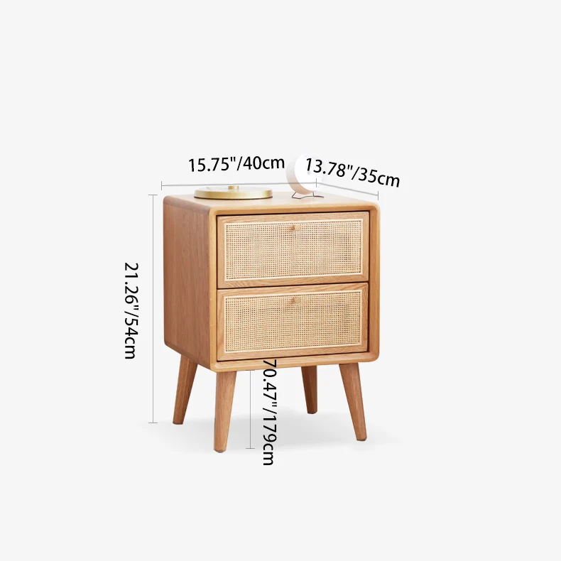 Traditional Chinese Pine Wood & Rattan Rounded Square Nightstand With 2 Drawers For Bedroom