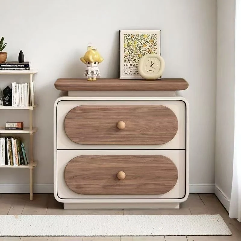 Modern Minimalist Rectangular Pine Solid Wood Cat-Scratch Leather Nightstand 2-Drawer For Bedroom