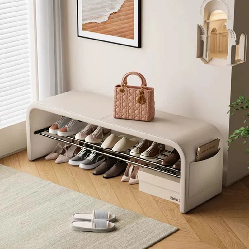 Contemporary Scandinavian PU Leather Metal Curved Square Shoe Bench 1 Tier For Living Room