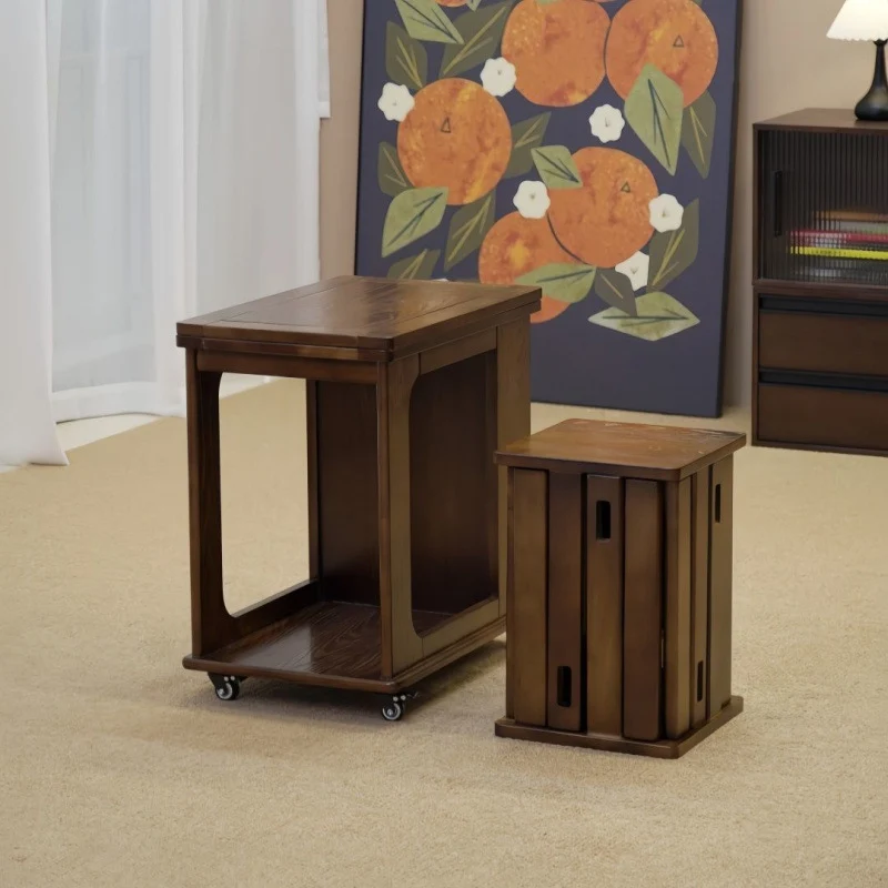 Traditional Vintage Solid Wood Metal Folding Rectangular Side Table 2-Tier For Living Room