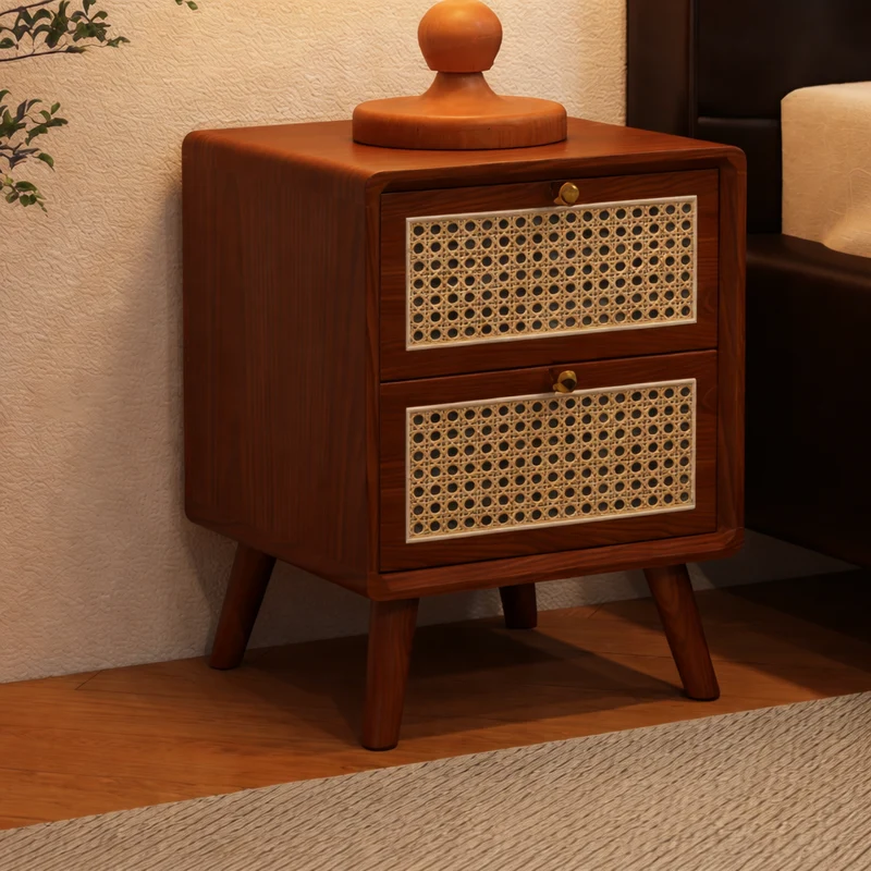 Traditional Chinese Rubberwood Rattan Rounded Square Nightstand 2-Drawer For Bedroom