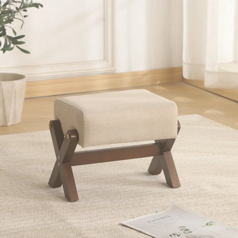 Modern Minimalist Rubberwood Linen X-Shaped Square Low Stool For Living Room