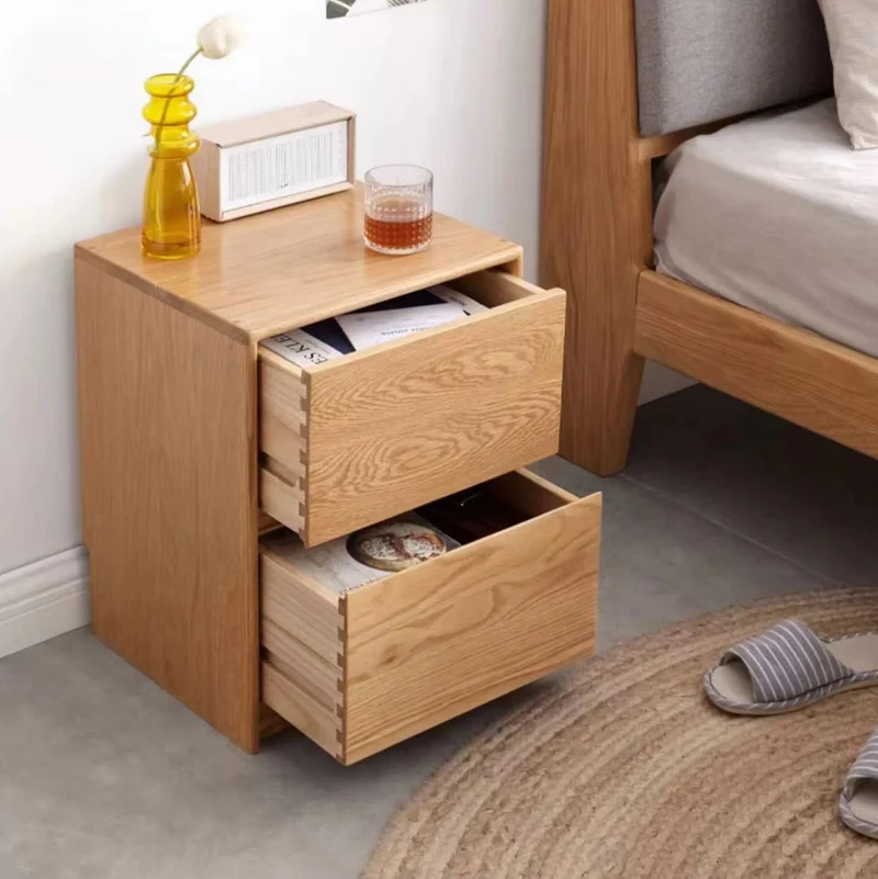 Traditional Vintage Red Oak Paulownia Wood Rounded Rectangular Nightstand With 2 Drawers For Bedroom