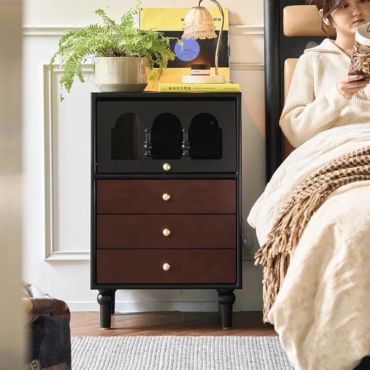 Traditional French Pine Wood Solid Wood Plywood Arched Rectangular Nightstand With 3 Drawers For Bedroom