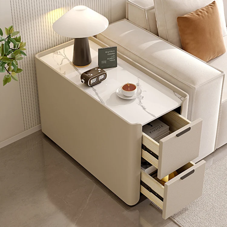 Contemporary Scandinavian Sintered Stone Microfiber Leather MDF Pine Wood Rectangular Nightstand With 2 Drawers For Bedroom