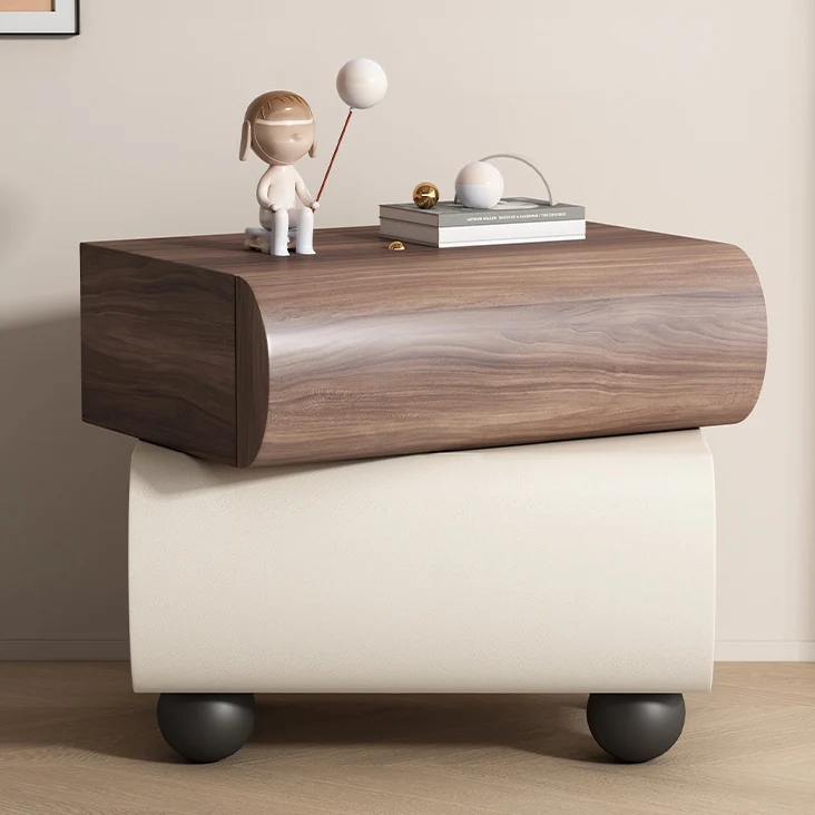 Contemporary Creative Solid Wood Faux Leather Carbon Steel Curved Spherical Nightstand 2 Drawers For Bedroom