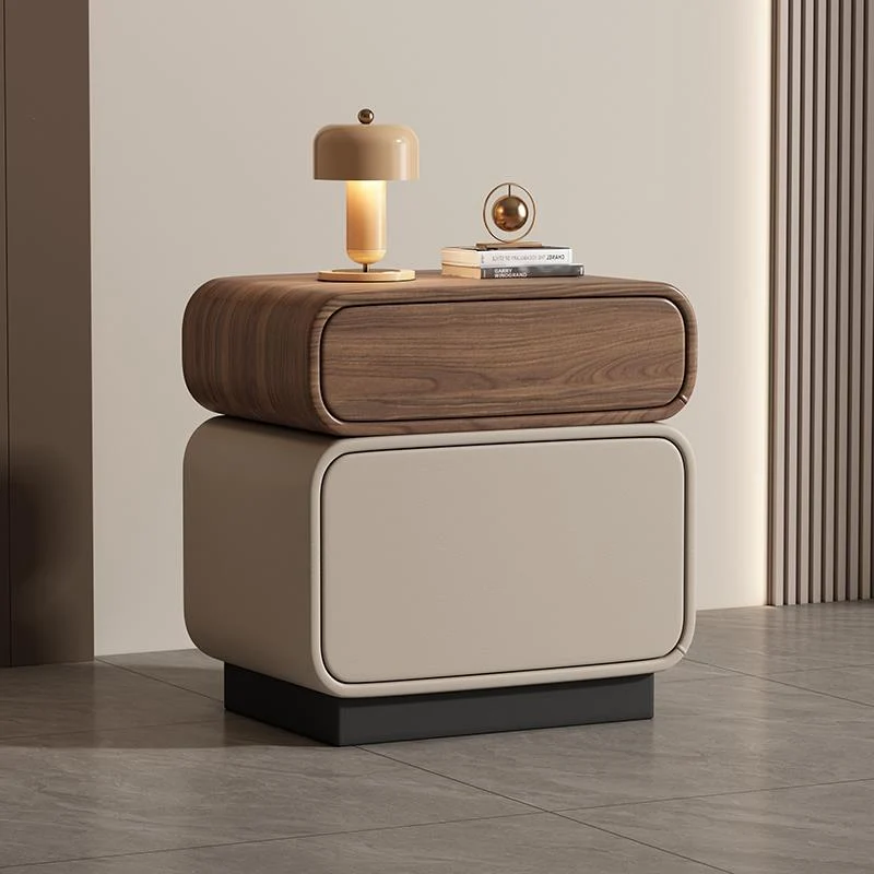 Traditional Chinese Solid Wood Microfiber Leather Rounded Square Nightstand 2 Drawers For Bedroom