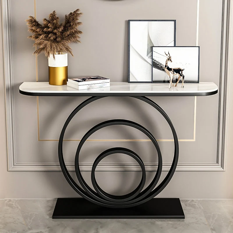 Glam Half Moon Slate and Metal Abstract Console Table for Hall