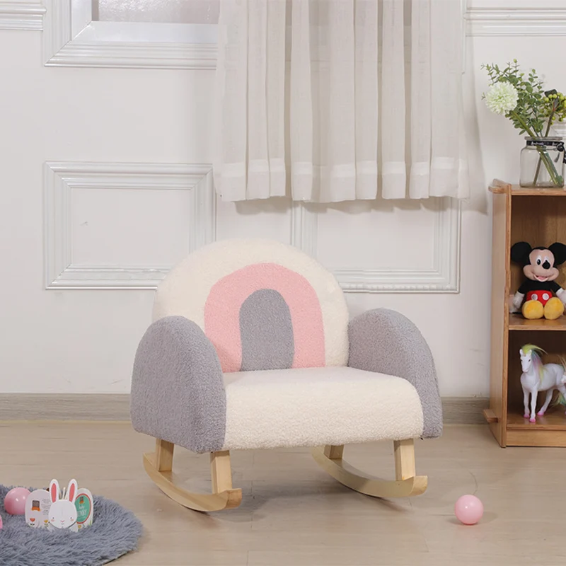 Contemporary Creative Kids Rainbow Teddy Plush Solid Wood Rocking Chair Backrest Armrest For Living Room