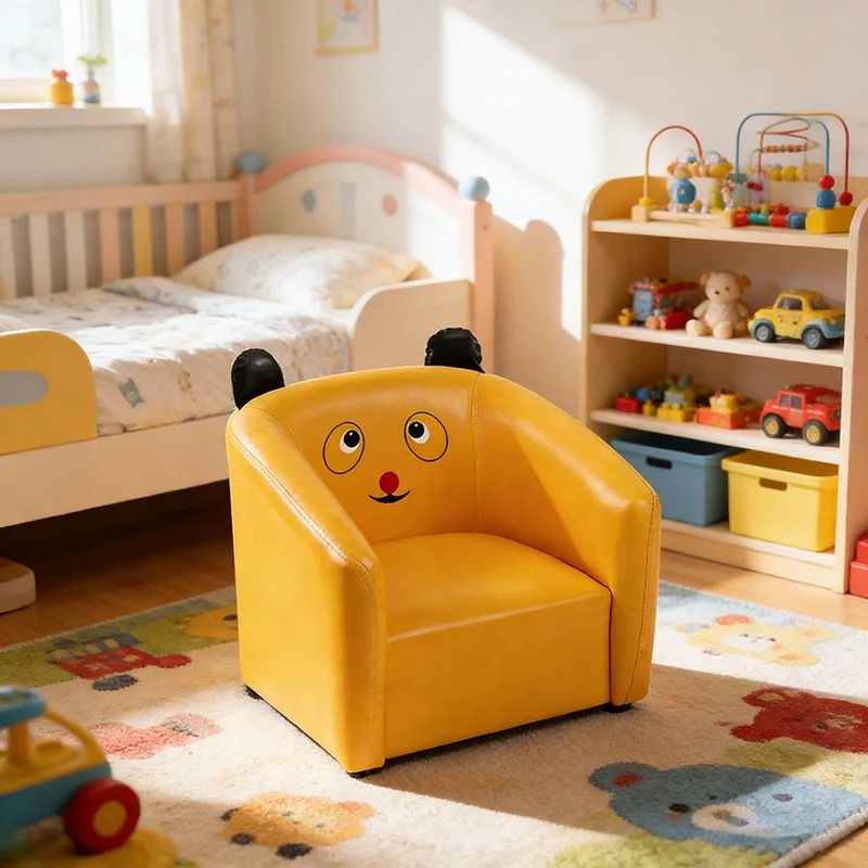 Contemporary Creative Curved Bear Shape Faux Oiled Waxed Leather Solid Wood Kids Accent Chair Backrest Armrest For Living Room