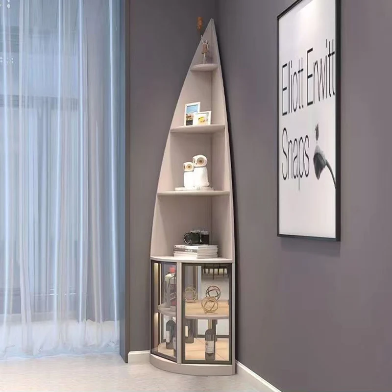 Modern Luxury Particleboard Aluminum Tempered Glass Fan-shaped Corner Shelf Unit 6-Tier Waterdrop & Space-Saving Design For Living Room