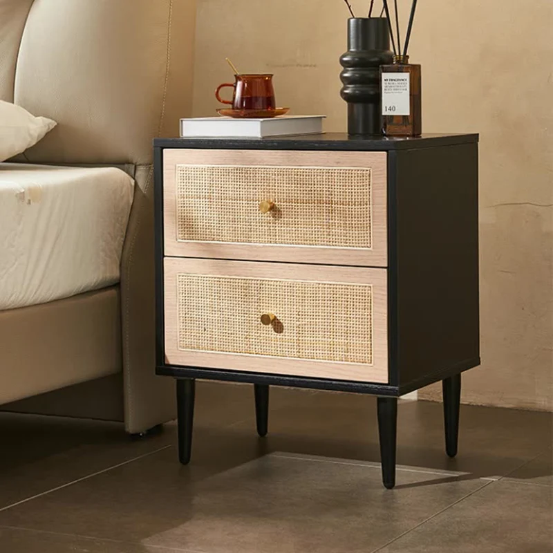 Traditional Japanese Rectangular MDF Rattan Weaving Nightstand 2-Drawer For Bedroom