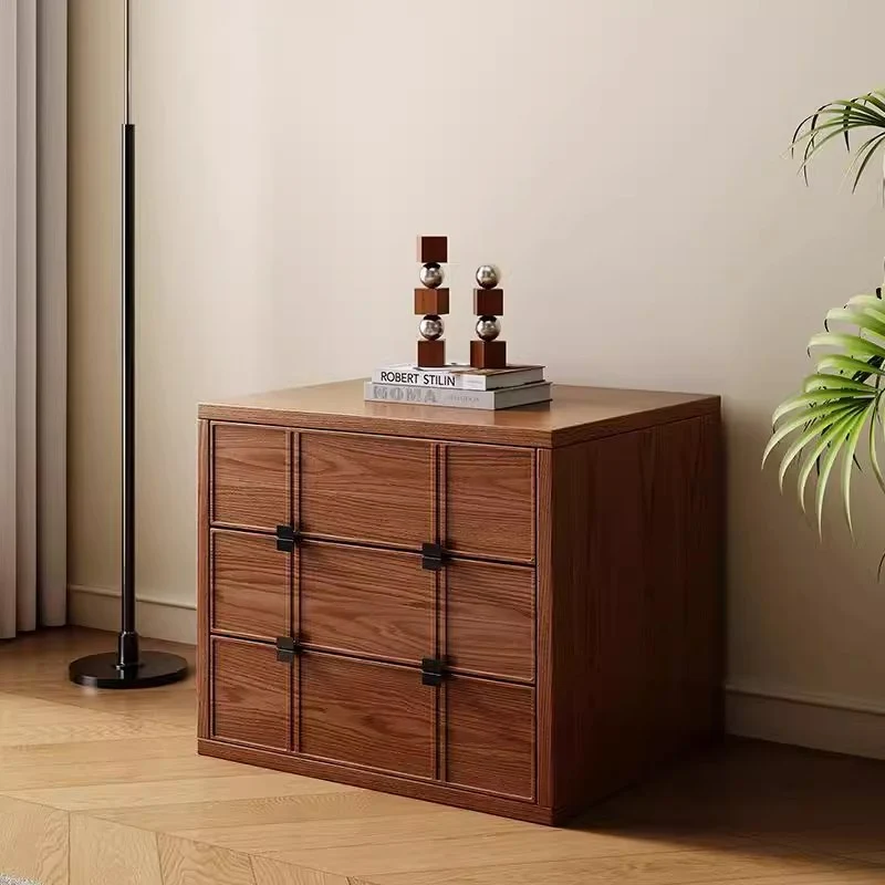 Modern Mid-Century Square Checkerboard Ash Wood Pine & Red Oak Nightstand 3-Drawer For Living Room & Bedroom