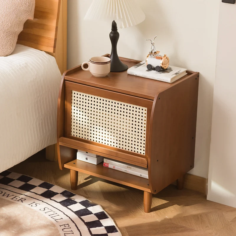 Traditional Japanese Square Rectangular Nan Bamboo MDF Plastic Rattan Weaving Nightstand 1-Cabinet For Bedroom