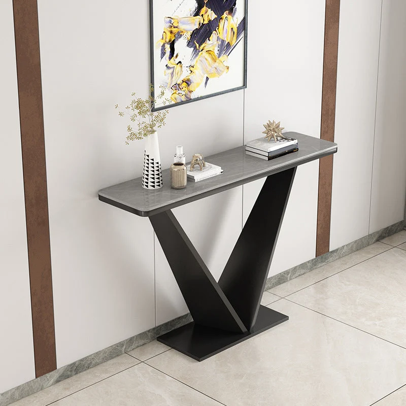 Contemporary Rectangle Console Table with Black Iron Pedestal Base for Hall