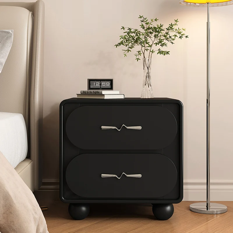 Contemporary Creative Solid Wood Faux Leather Rounded Rectangular Nightstand With 2-Drawer Storage For Bedroom