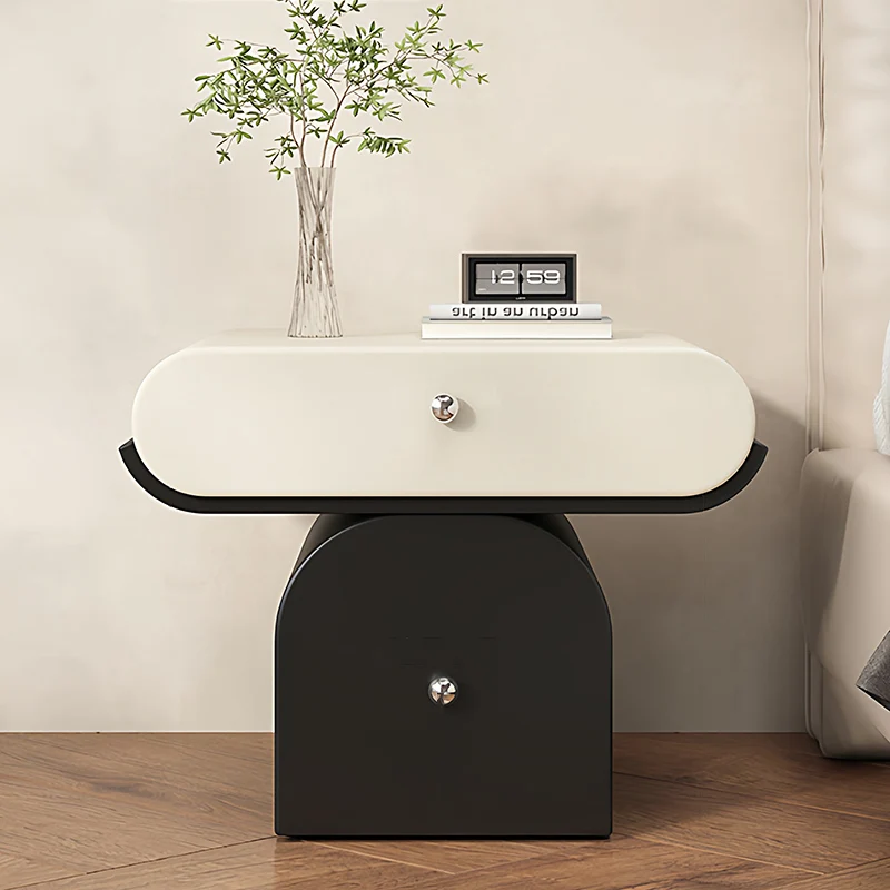 Modern Minimalist Solid Wood Plywood Faux Leather Rounded Nightstand With 2-Drawer Storage For Bedroom