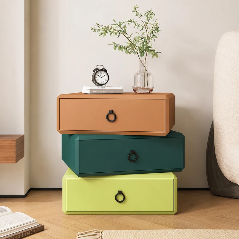 Modern Minimalist Plywood Faux Leather Rectangular Nightstand With 360° Rotating 3-Drawer Design For Bedroom
