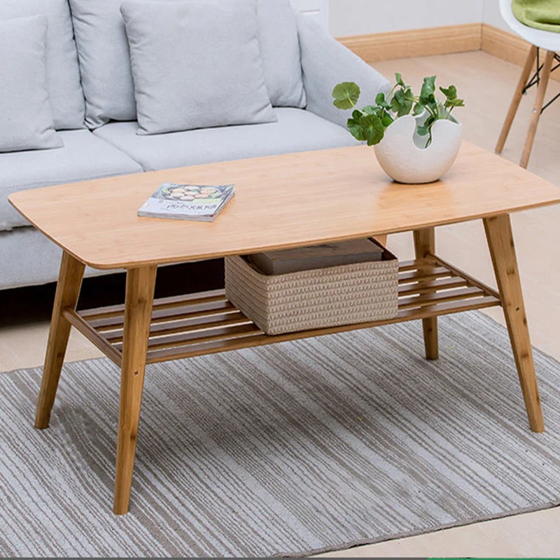 Traditional Japanese Bamboo Rounded Rectangular Hollow Coffee Table 2 Tier For Living Room