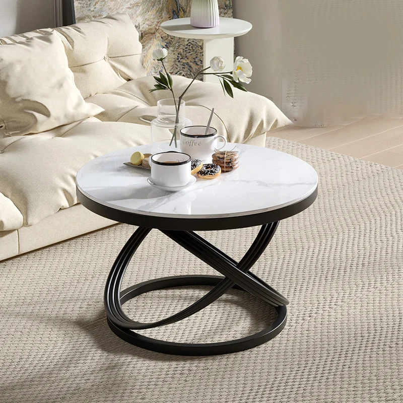 Contemporary Scandinavian Sintered Stone Metal Round Curved Lines Coffee Table 1 Tier For Living Room