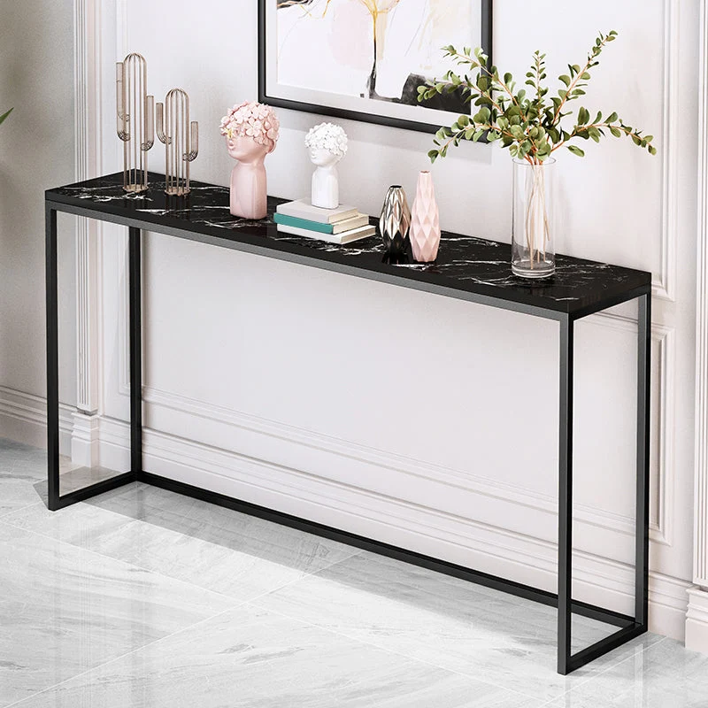 Scratch Resistant Marble Top Console Table with Black Steel Trestle Base