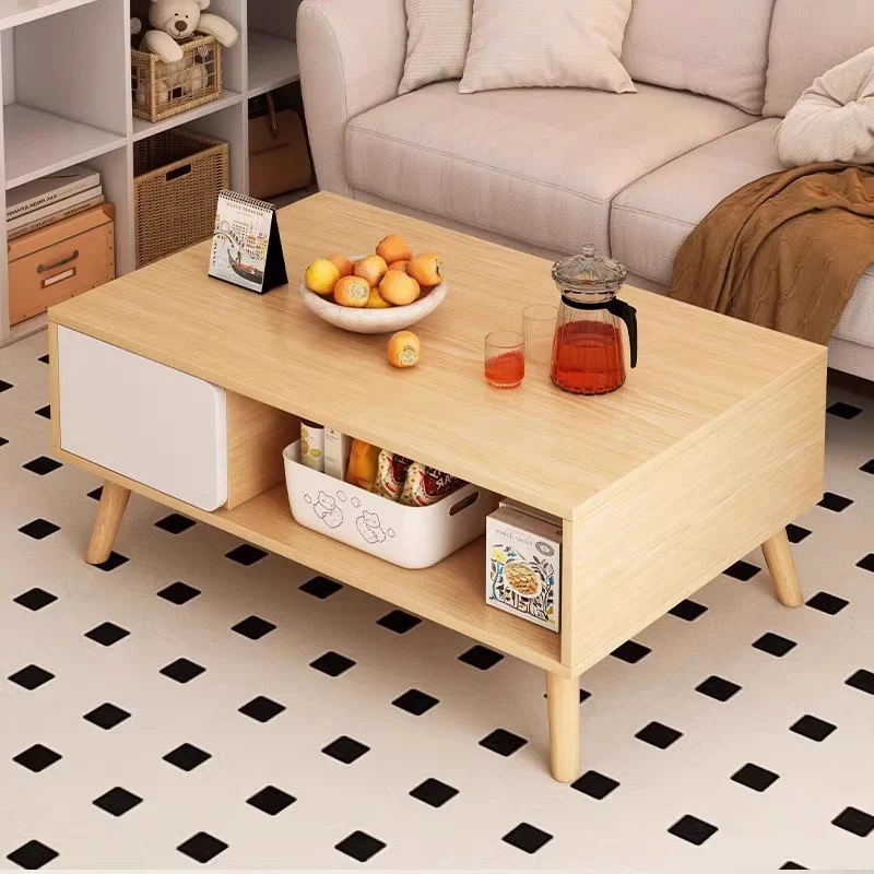 Traditional Japanese Particle Board Rectangular Coffee Table 2-Tier For Living Room