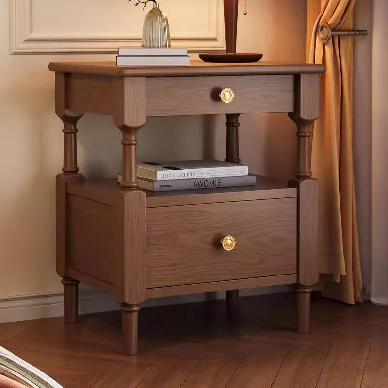 Traditional French Solid Wood Multilayer Board Pine Wood Roman Square Nightstand 2-Drawer For Bedroom