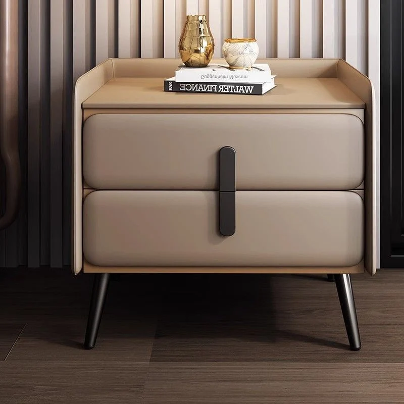 Modern Luxury Solid Wood Multilayer Board Pine Faux Nappa Leather Carbon Steel Rounded Square Nightstand 2 Drawers For Bedroom