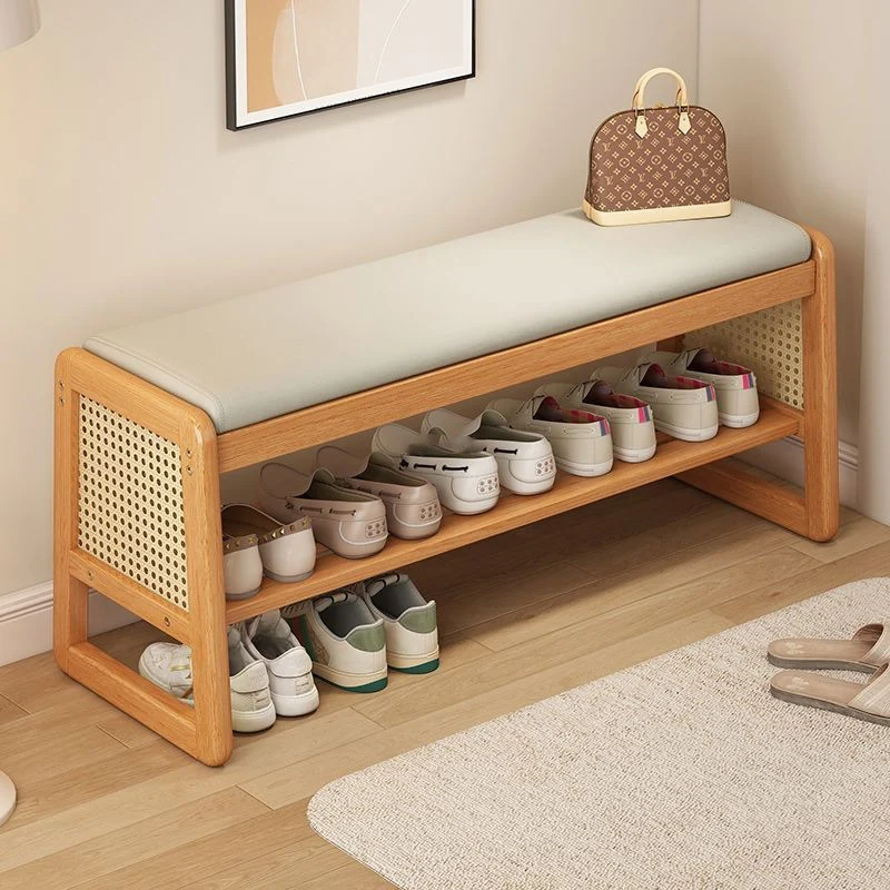 Modern Minimalist Rectangular PU Leather Solid Wood Plastic Rattan Weaving Shoe Bench 2-Tier For Entryways