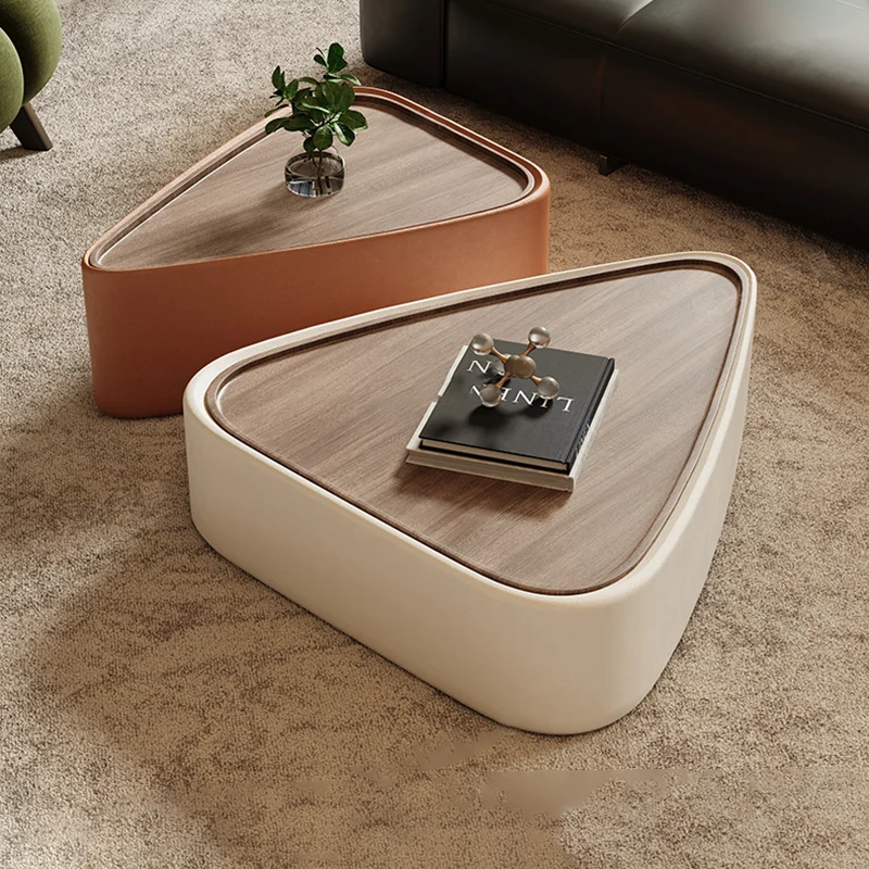 Modern Luxury Triangular Veneered Multi-layer Solid Wood Panel Faux Nappa Leather Coffee Table Combination 1-Cabinet For Living Room