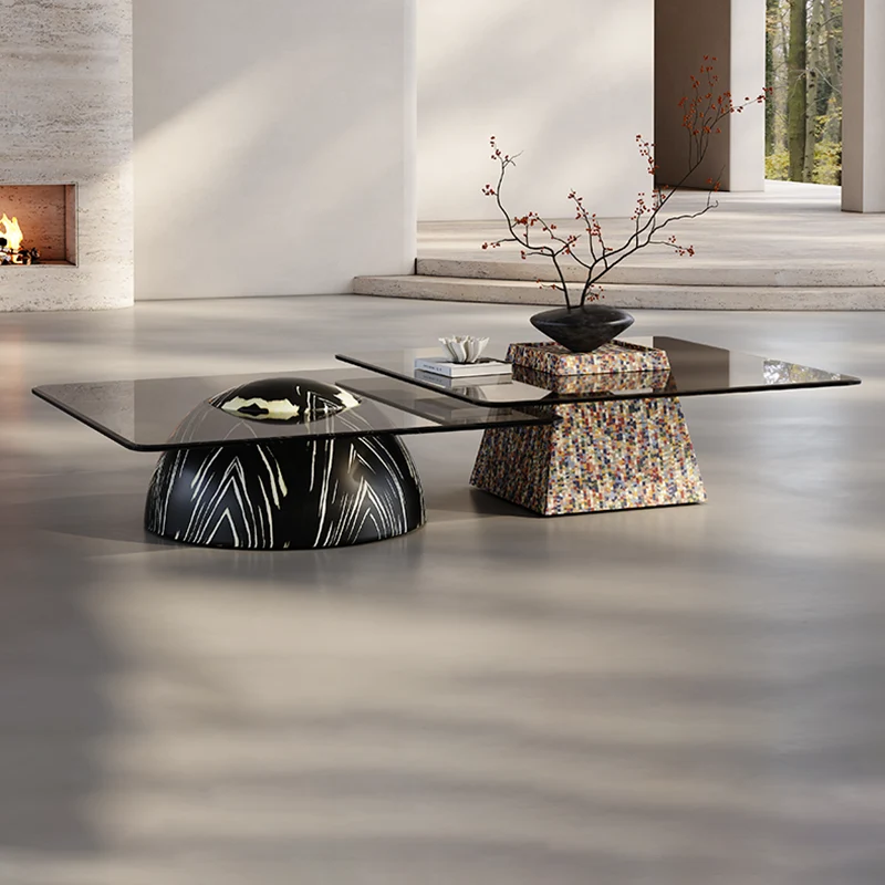 Modern Luxury Square Veneered E0 Eco-Friendly Medium-Density Fiberboard Tempered Glass Coffee Table Combination For Living Room