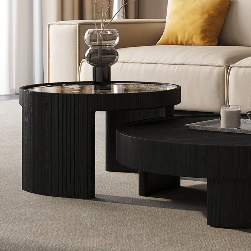 Modern Luxury Round Veneered Engineered Wood Natural Marble Coffee Table Combination For Living Room