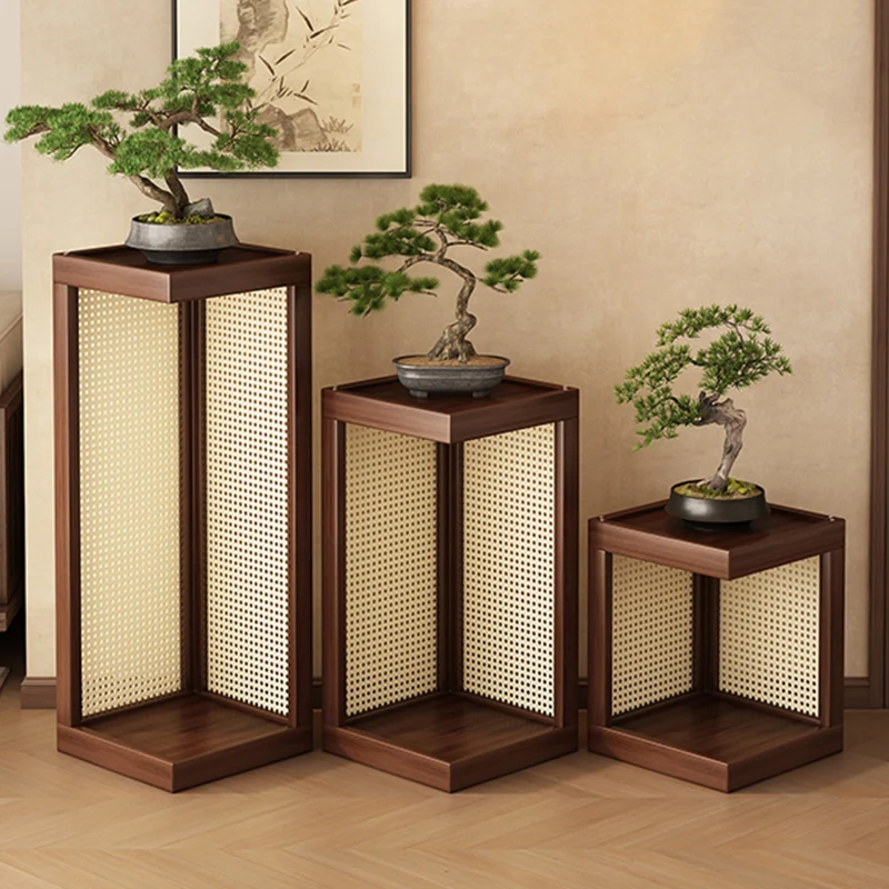Traditional Rustic Rubberwood Plastic Rattan Weaving Rectangular Floor-Standing Storage Display Rack 2-Tier For Living Room