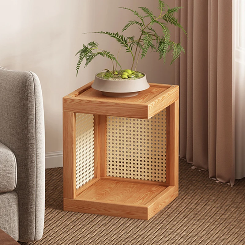 Traditional Rustic Rubberwood Plastic Rattan Weaving Rectangular Floor-Standing Storage Display Rack 2-Tier For Living Room