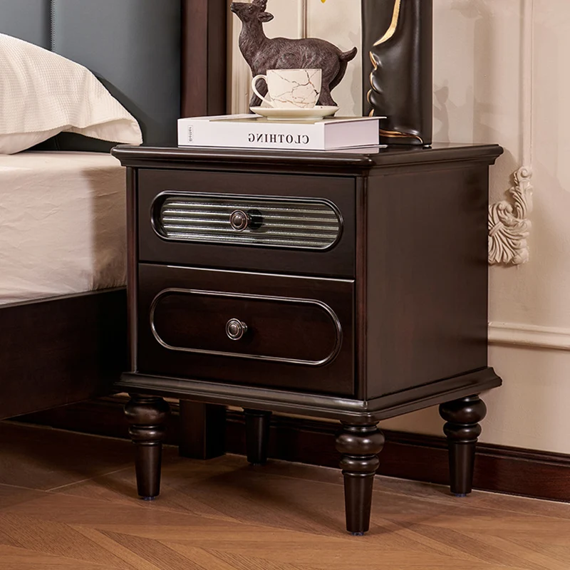 Traditional Vintage Rectangular Mahogany Rubberwood Multi-Layer Plywood Nightstand 2-Drawer For Bedroom