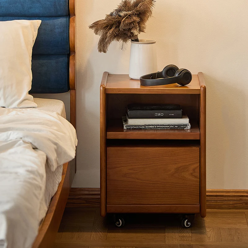 Modern Mid-Century Cherry Wood Solid Wood Multi-Layer Board Rectangular Movable Nightstand 1-Drawer For Bedroom