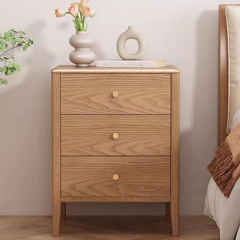 Contemporary Nordic Rectangular Solid Wood Iron Nightstand 3-Drawer For Bedroom