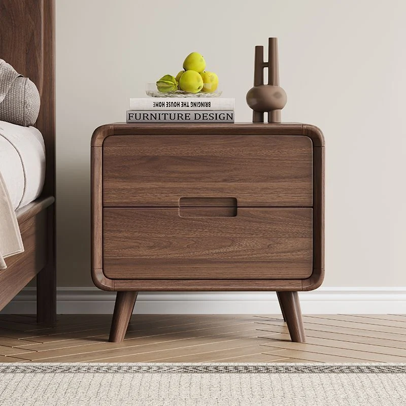 Traditional Chinese Black Walnut Solid Wood Rounded Rectangular Nightstand 2-Drawer For Bedroom