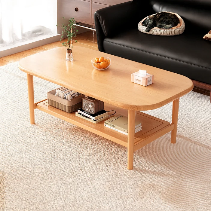 Traditional Chinese Rubberwood Rounded Rectangular Coffee Table 2-Tier For Living Room