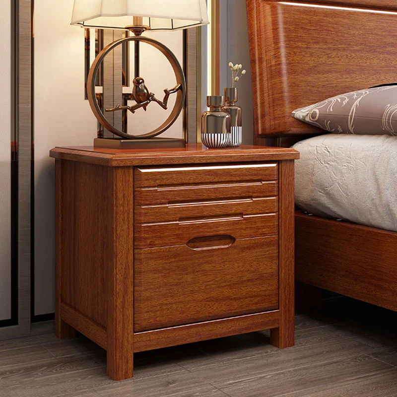 Traditional Chinese Walnut Wood Metal Rounded Square Nightstand 2-Drawer For Bedroom