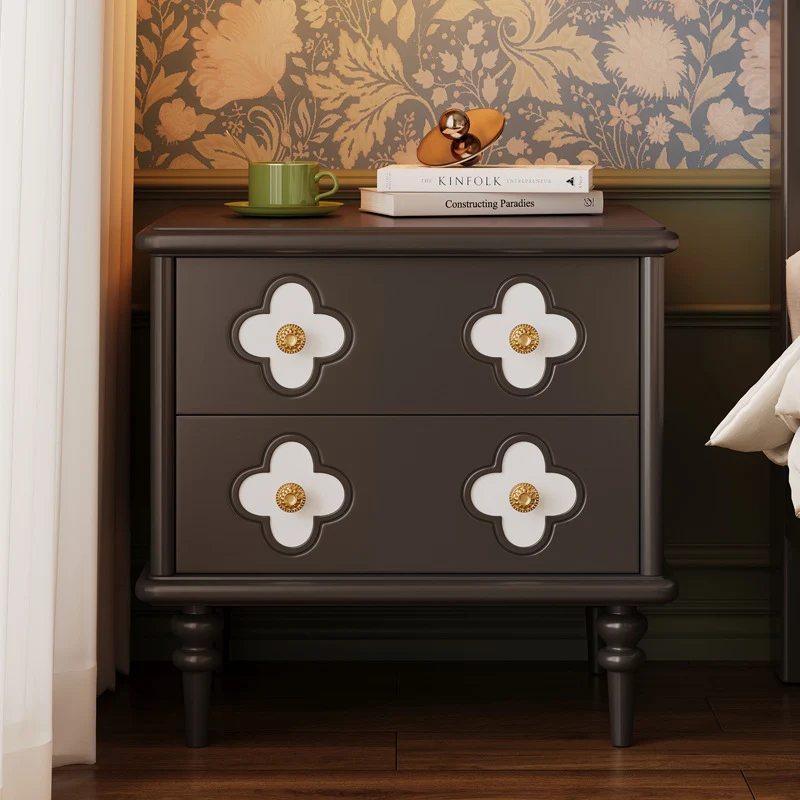 Traditional French Rubberwood & Metal Clover-Shaped Square Nightstand 2-Drawer For Bedroom