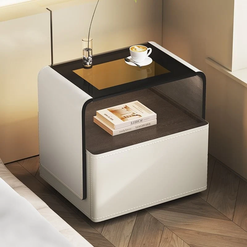Contemporary Creative Solid Wood Multilayer Board Saddle-Style Faux Leather Tempered Glass Rounded Square Nightstand 1 Drawer For Bedroom