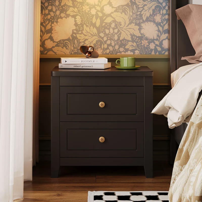 Traditional Vintage Rubberwood Solid Wood Multilayer Board Square Nightstand 2 Drawers For Bedroom