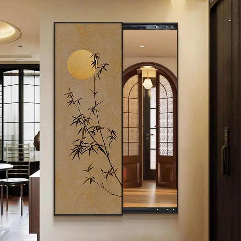 Traditional Chinese Rectangular Aluminum Alloy Crystal Ceramic Canvas Float Glass Push-Slide Full-Length Mirror For Bedroom & Entryways