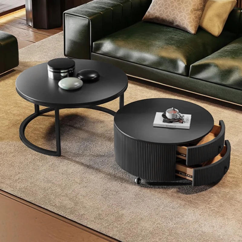 Contemporary Luxury Round Stone Slab Carbon Steel Fiberboard Movable Coffee Table Set 2-Drawer For Living Room